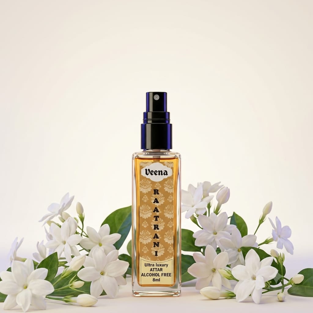 Veena Raat Rani Ultra Luxury Attar 8ml alcohol-free spray bottle centered between fresh white night-blooming jasmine flowers.