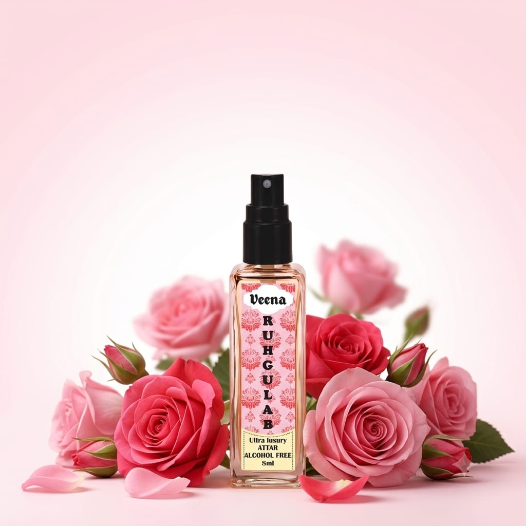 Veena Ruh Gulab Ultra Luxury Attar 8ml alcohol-free spray bottle centered amidst a beautiful cluster of fresh pink and red roses on a soft pink background.