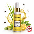 Veena 100ml Citronella Anti-Mosquito Repellent Fragrance Oil Spray bottle surrounded by fresh lemongrass, a sliced lemon, and a red anti-mosquito warning sign.