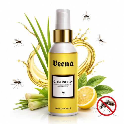 Veena 100ml Citronella Anti-Mosquito Repellent Fragrance Oil Spray bottle surrounded by fresh lemongrass, a sliced lemon, and a red anti-mosquito warning sign.