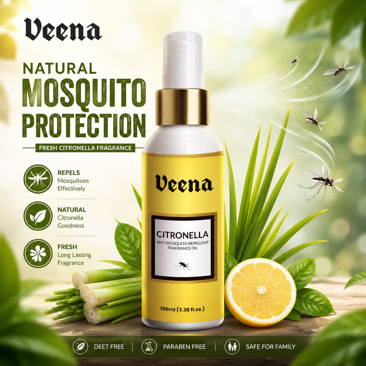 Veena Citronella Anti-Mosquito Repellent Fragrance Oil Spray (100ml)