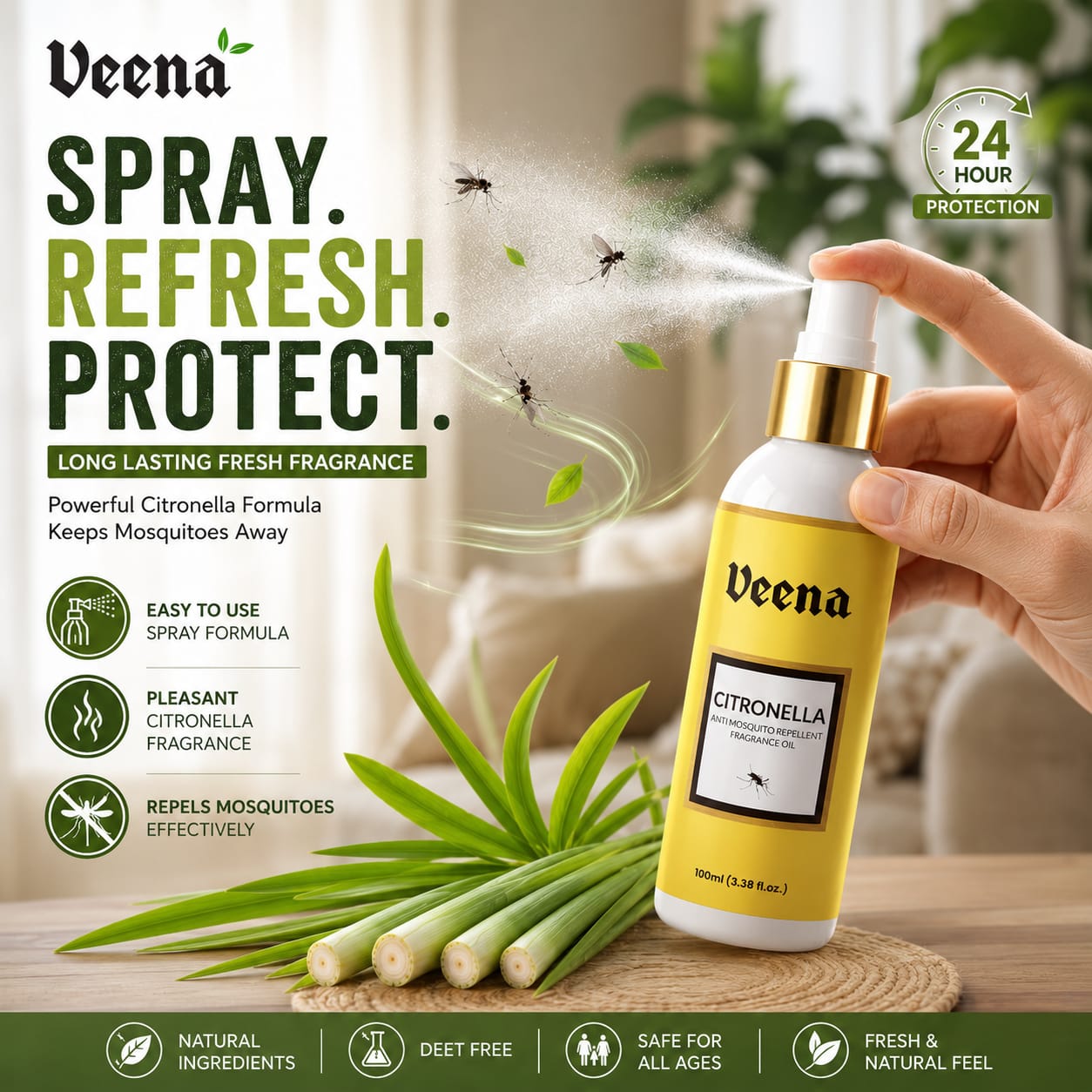 Veena Citronella Anti-Mosquito Repellent Fragrance Oil Spray (100ml)