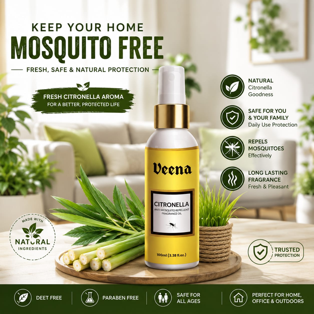 Veena Citronella Anti-Mosquito Repellent Fragrance Oil Spray (100ml)