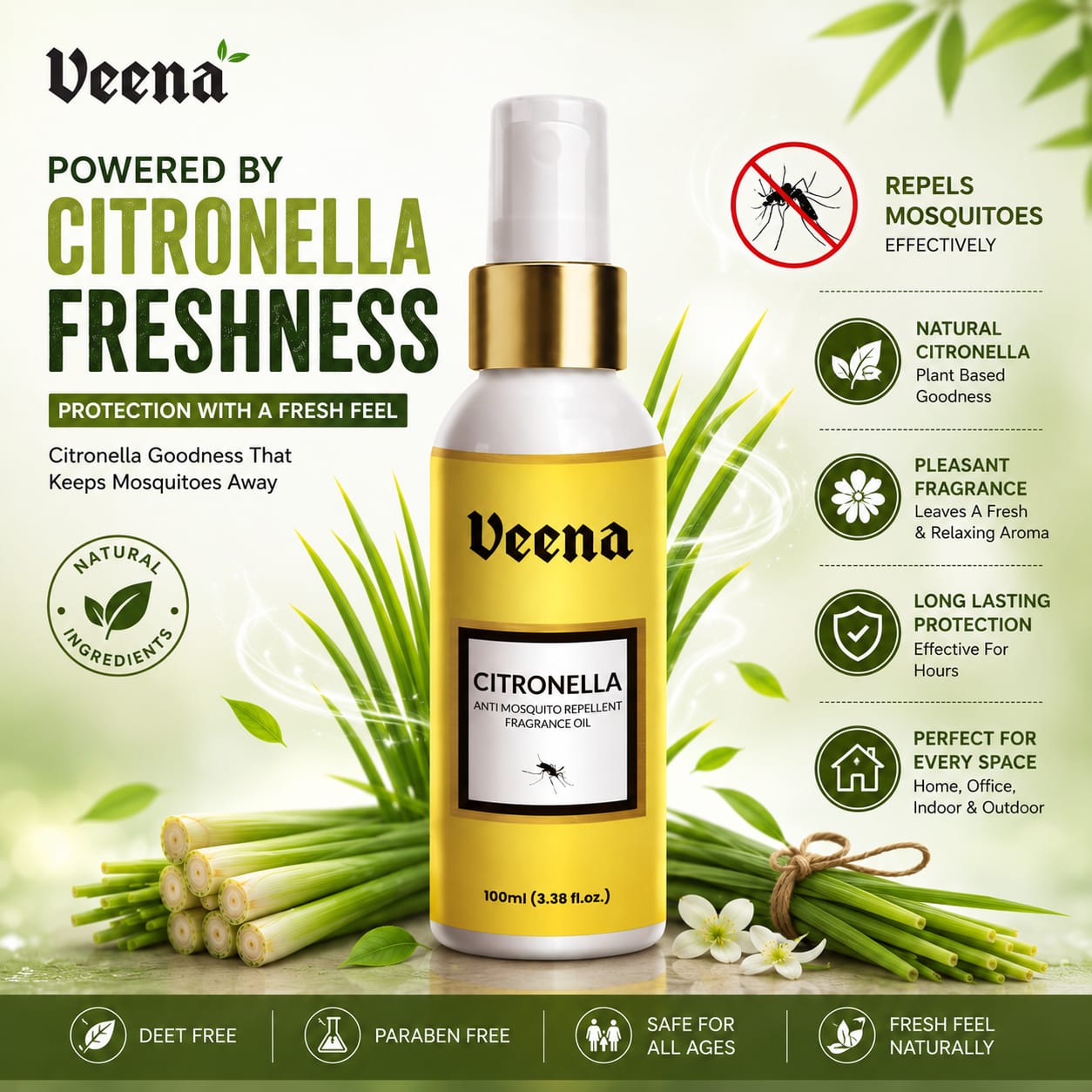 Veena Citronella Anti-Mosquito Repellent Fragrance Oil Spray (100ml)