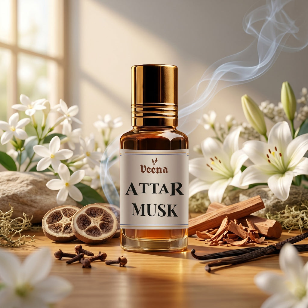 Veena Attar Musk roll-on perfume oil bottle on a wooden table, surrounded by white lilies, jasmine flowers, sandalwood shavings, cloves, and vanilla pods with elegant scent smoke.