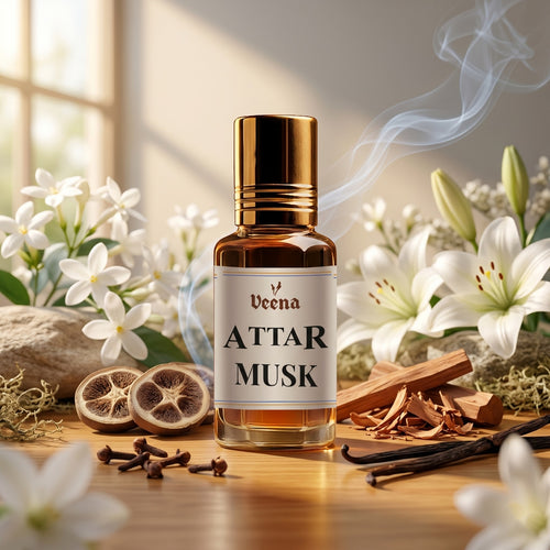 Veena Attar Musk roll-on perfume oil bottle on a wooden table, surrounded by white lilies, jasmine flowers, sandalwood shavings, cloves, and vanilla pods with elegant scent smoke.