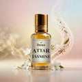 Veena Attar Jasmine luxury concentrated perfume oil bottle with a metallic gold cap, surrounded by white jasmine flowers, aromatic spices, and elegant scent swirls.