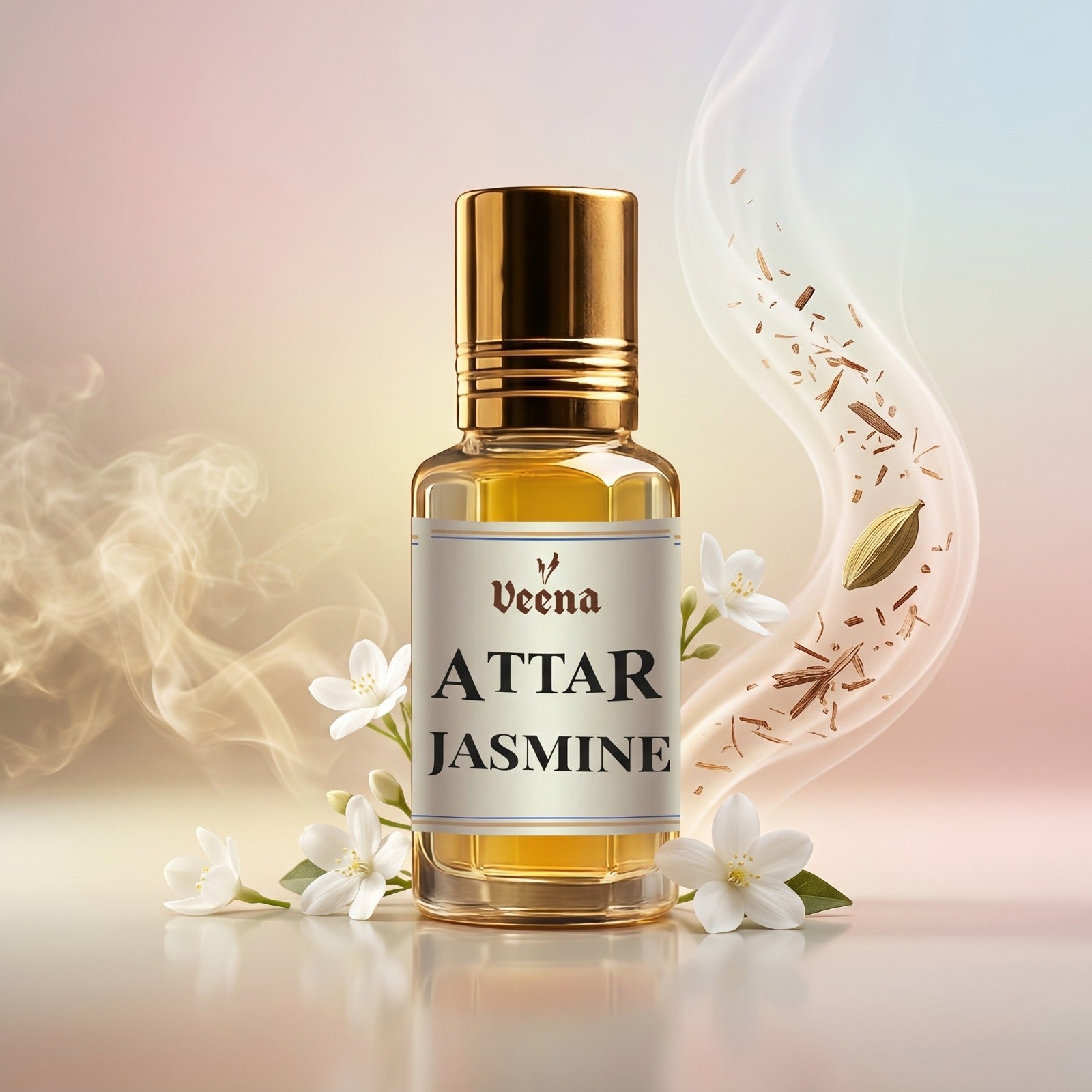 Veena Attar Jasmine luxury concentrated perfume oil bottle with a metallic gold cap, surrounded by white jasmine flowers, aromatic spices, and elegant scent swirls.