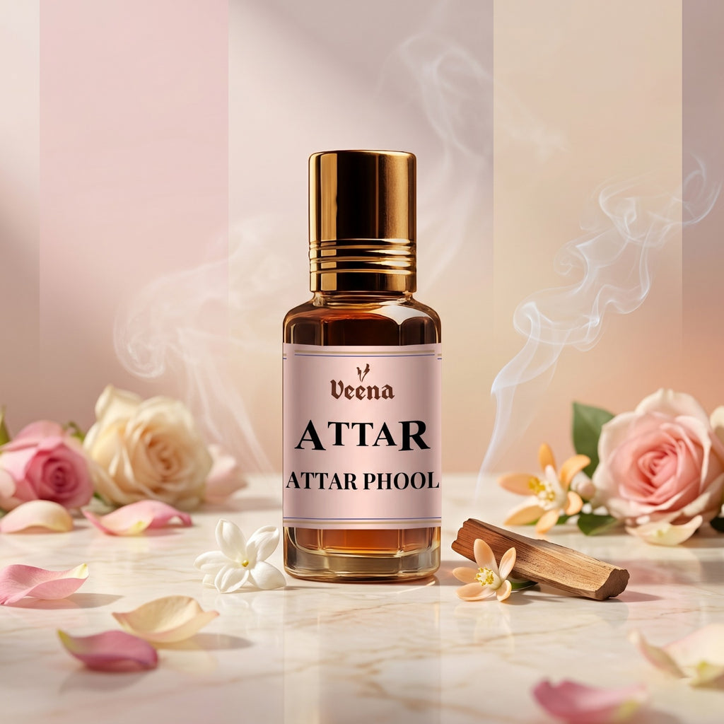 Veena Attar Phool premium concentrated floral perfume oil bottle with a gold cap, set on a marble surface with scattered pink rose petals, jasmine blossoms, and elegant aromatic smoke.