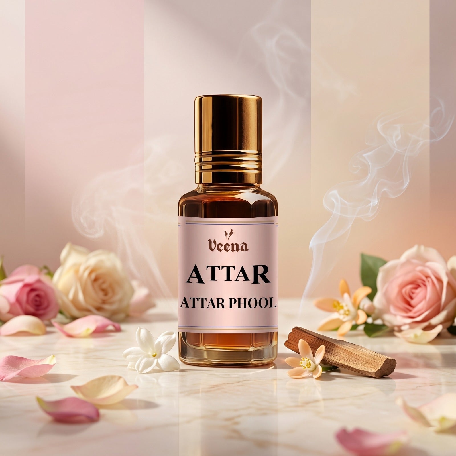 Veena Attar Phool premium concentrated floral perfume oil bottle with a gold cap, set on a marble surface with scattered pink rose petals, jasmine blossoms, and elegant aromatic smoke.