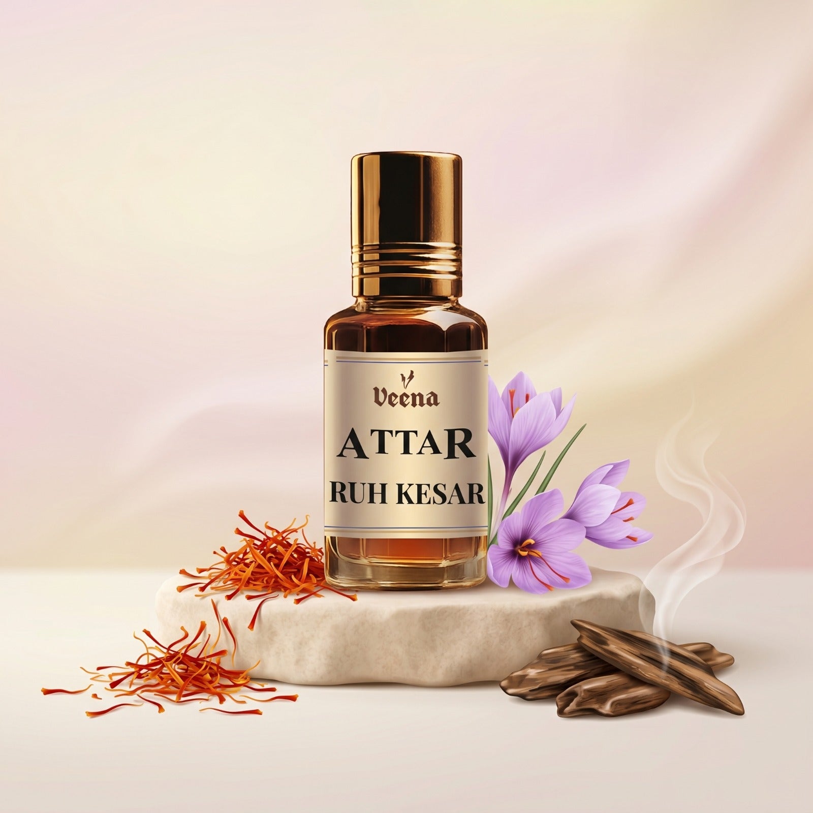 Veena Attar Ruh Kesar premium concentrated saffron perfume oil bottle with a gold cap, set on a stone pedestal with scattered crimson saffron strands, purple crocus flowers, and elegant aromatic wood smoke.