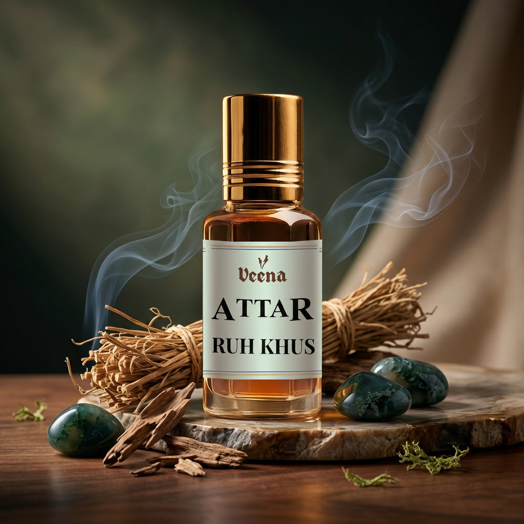 Veena Attar Ruh Khus premium concentrated vetiver perfume oil bottle with a gold cap, set on a polished stone plate surrounded by natural dried vetiver grass bundles, dark wood chips, green crystals, and elegant curls of aromatic smoke.