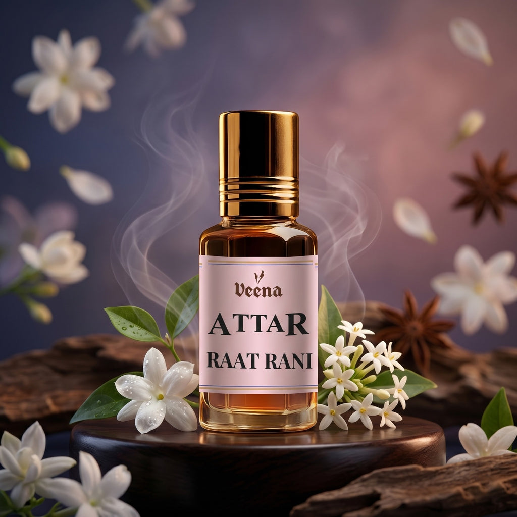 Veena Attar Raat Rani premium concentrated night-blooming jasmine perfume oil bottle with a gold cap, set on a dark wooden pedestal surrounded by fresh white Raat Rani blossoms, star anise, and elegant curls of aromatic smoke.