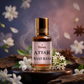 Veena Attar Raat Rani premium concentrated night-blooming jasmine perfume oil bottle with a gold cap, set on a dark wooden pedestal surrounded by fresh white Raat Rani blossoms, star anise, and elegant curls of aromatic smoke.