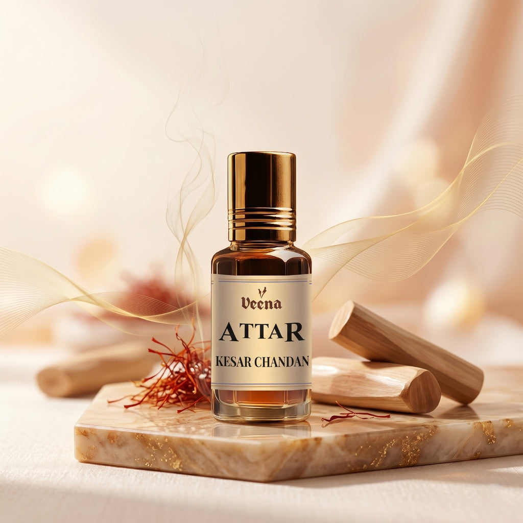 Veena Attar Kesar Chandan premium concentrated saffron and sandalwood perfume oil bottle with a gold cap, set on a luxury marble plate with natural sandalwood logs, crimson saffron strands, and elegant warm waves of fragrance.