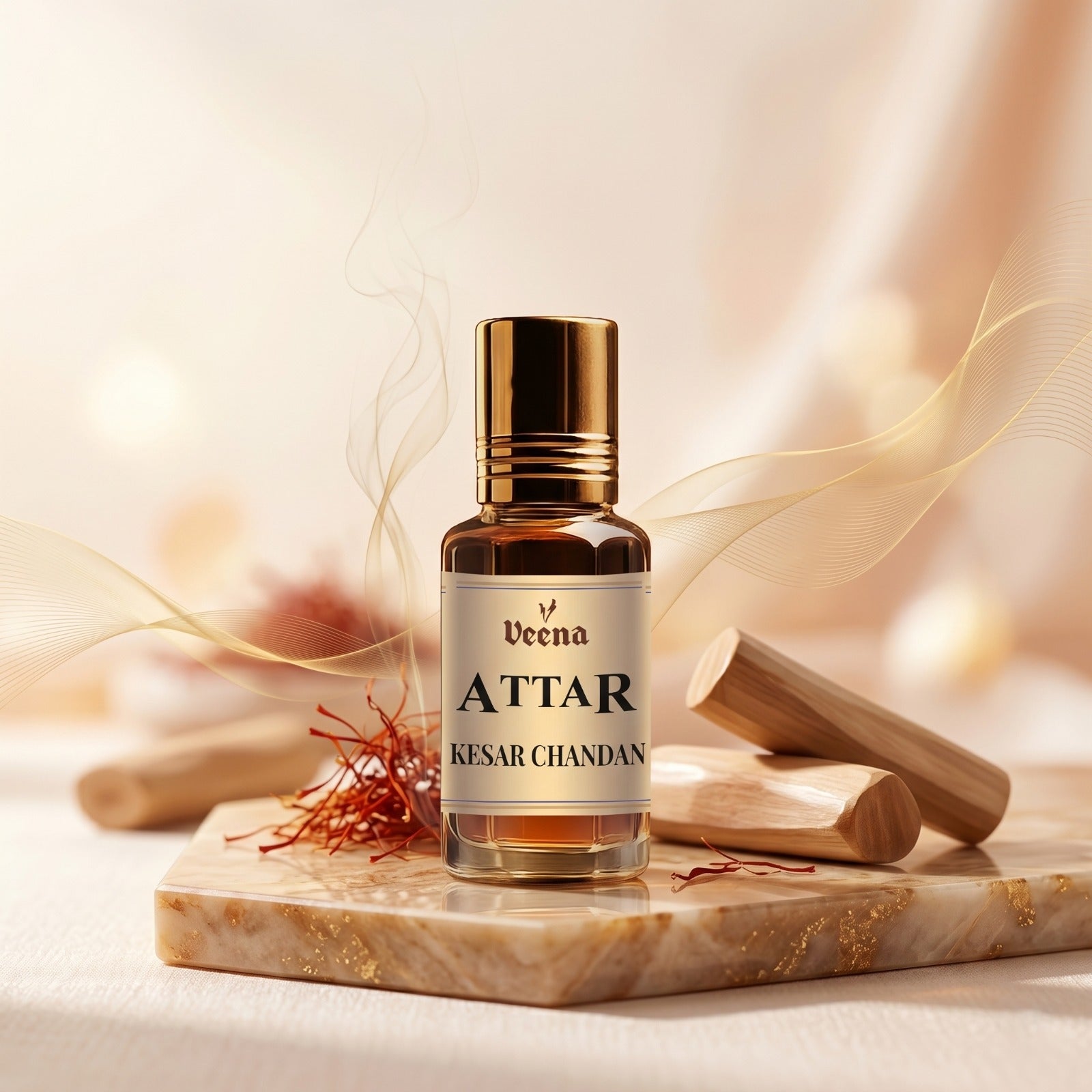 Veena Attar Kesar Chandan premium concentrated saffron and sandalwood perfume oil bottle with a gold cap, set on a luxury marble plate with natural sandalwood logs, crimson saffron strands, and elegant warm waves of fragrance.