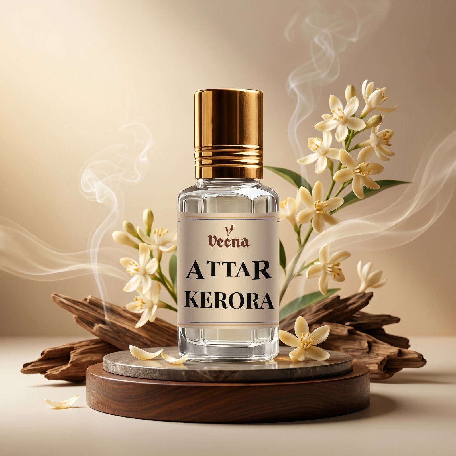 Veena Attar Kerora premium concentrated Kewra perfume oil bottle with a gold cap, set on a round wooden pedestal surrounded by fresh white blossoms, natural wood pieces, and elegant curls of aromatic smoke.