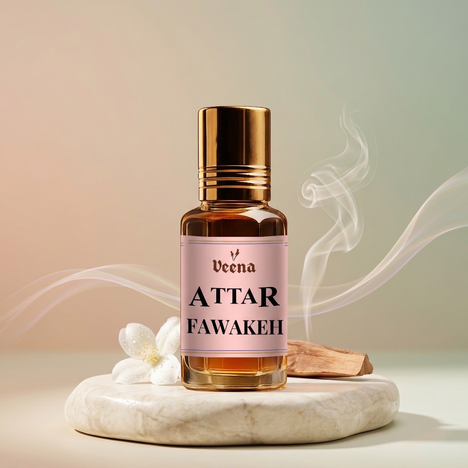 Veena Attar Fawakeh premium concentrated fruity perfume oil bottle with a gold cap, set on a smooth marble pedestal surrounded by a white flower blossom, natural wood pieces, and elegant curls of aromatic smoke.