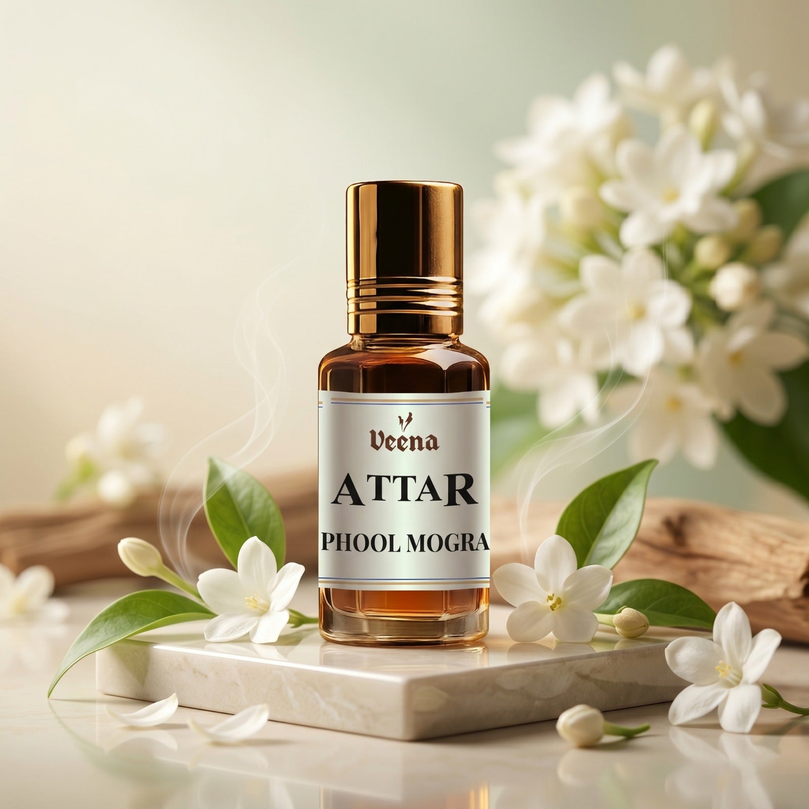 Veena Attar Phool Mogra premium concentrated jasmine sambac perfume oil bottle with a gold cap, set on a polished white marble pedestal surrounded by fresh white Mogra flowers, buds, green leaves, and elegant curls of aromatic smoke.
