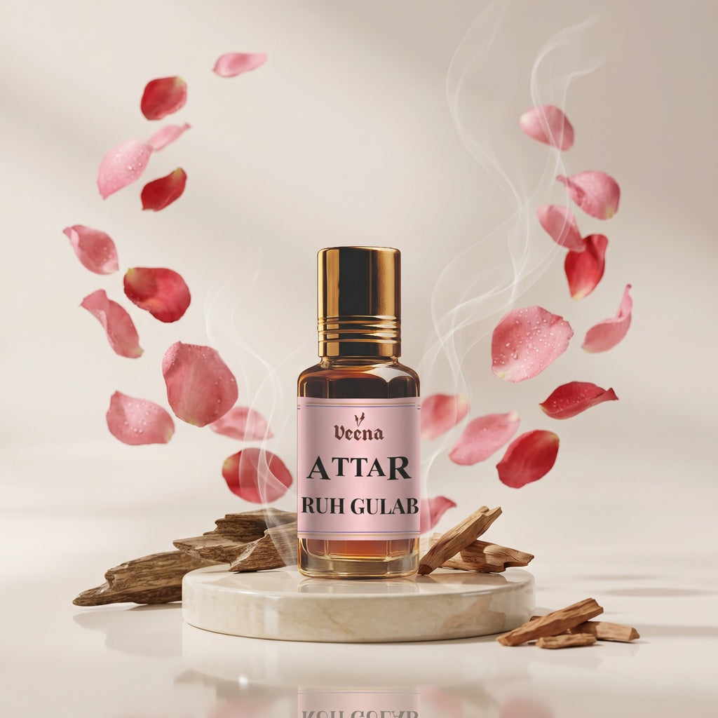 Veena Attar Ruh Gulab premium concentrated pure rose perfume oil bottle with a gold cap, set on a polished white marble pedestal surrounded by swirling pink rose petals, natural wood chips, and elegant curls of aromatic smoke.