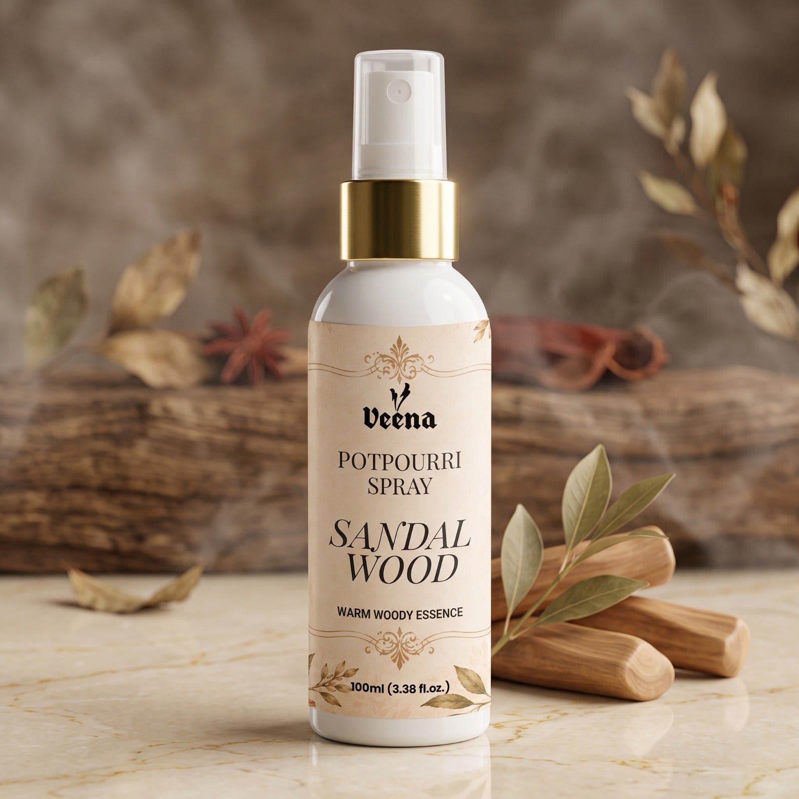 Veena Sandalwood Potpourri Spray 100ml bottle arranged on a luxury marble table with natural sandalwood logs and a soft woody background – Warm Woody Essence Home Fragrance.
