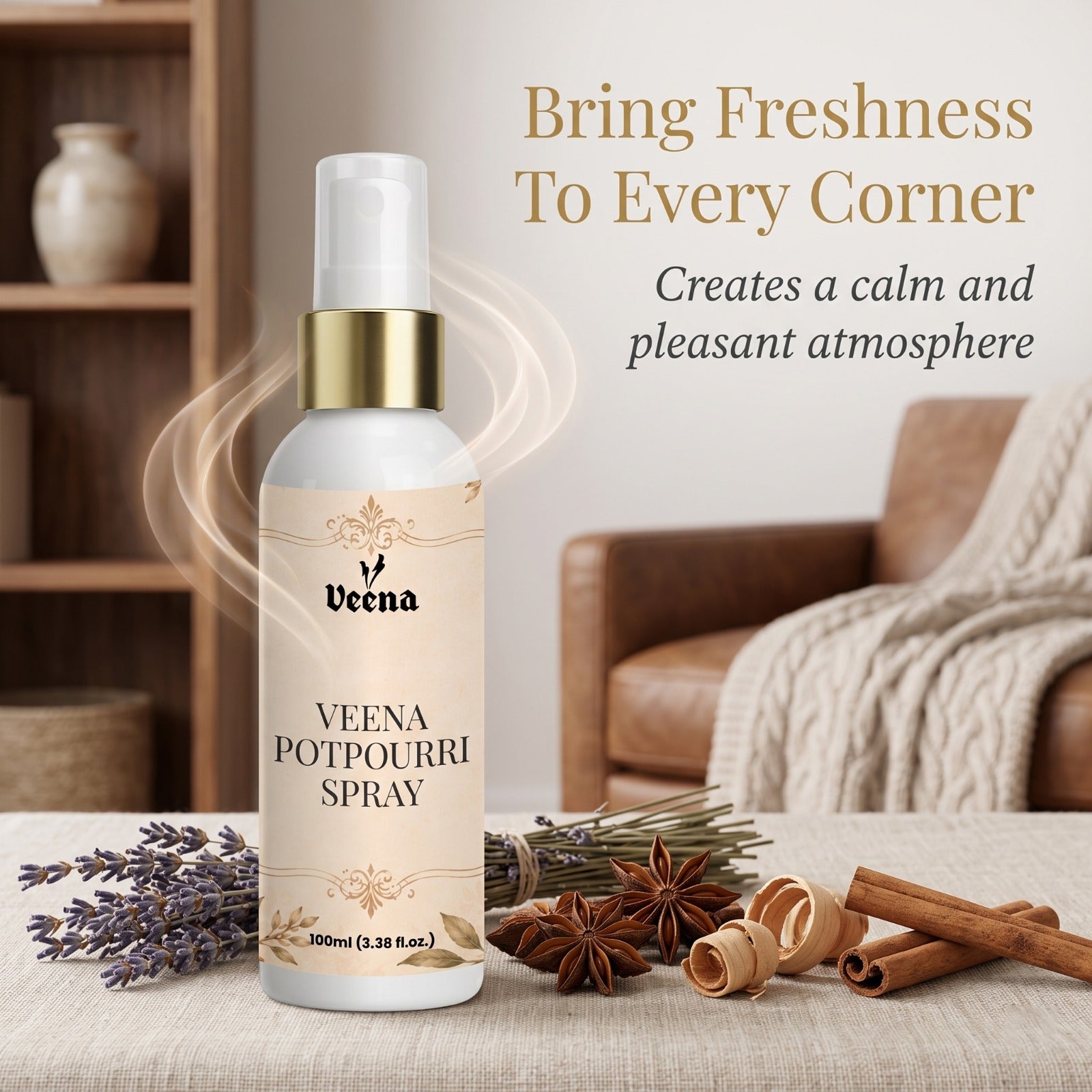 Veena Premium Sandalwood Potpourri Room Spray – Warm Woody Essence (100GM)