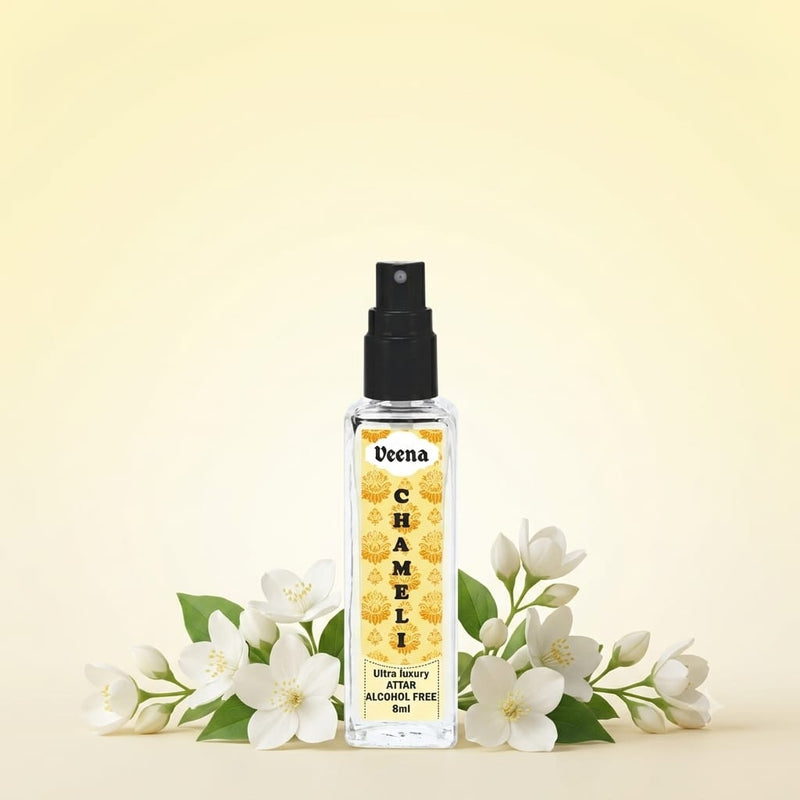Veena Chameli Ultra Luxury Attar 8ml alcohol-free spray bottle centered amidst fresh white chameli jasmine flowers on a soft yellow background.