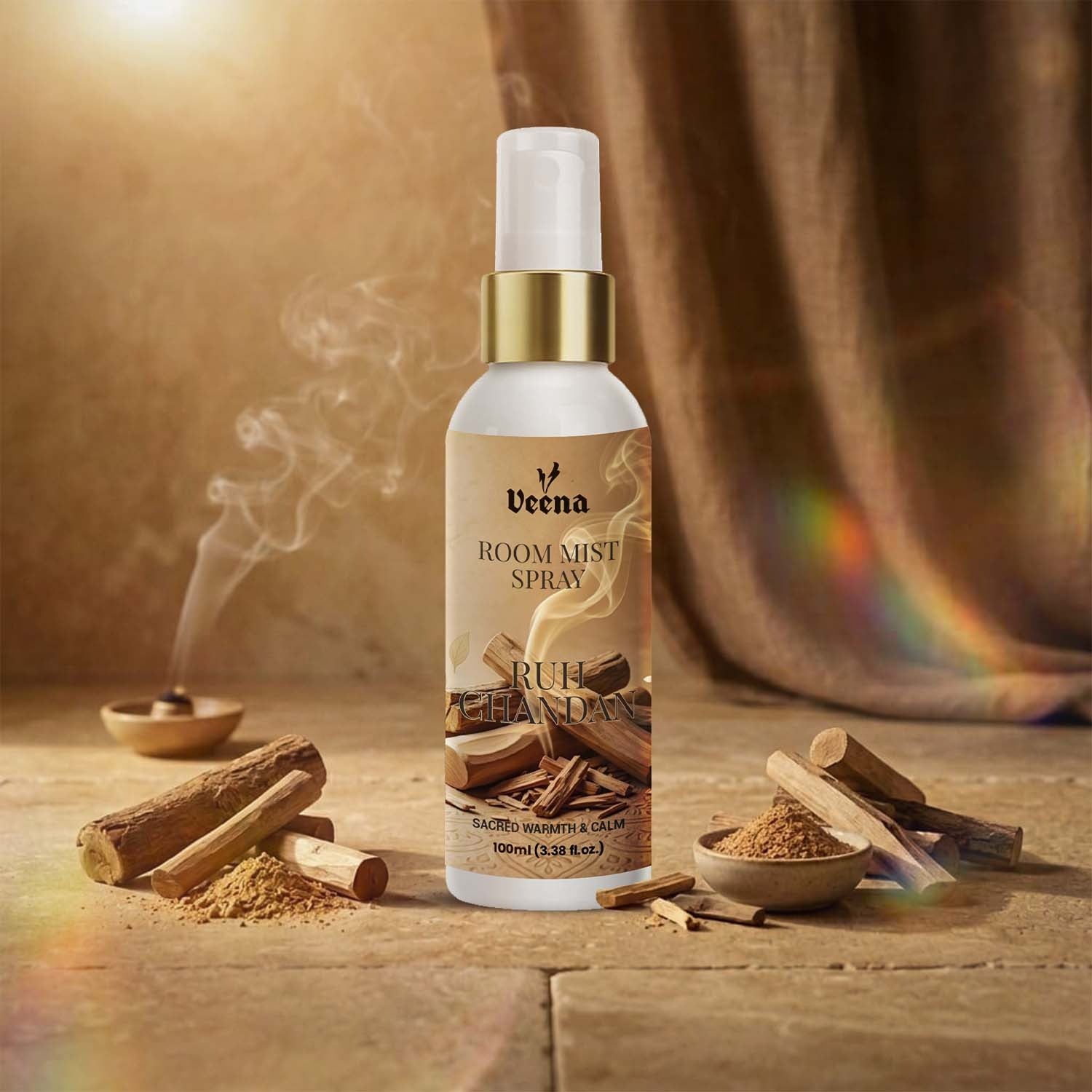 Veena Ruh Chandan Room Mist - 100ml | Pure Sandalwood Fragrance for Meditation & Home Calm
