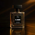 Veena D Noir luxury fabric perfume bottle with dramatic gold studio light reflections and dark backdrop