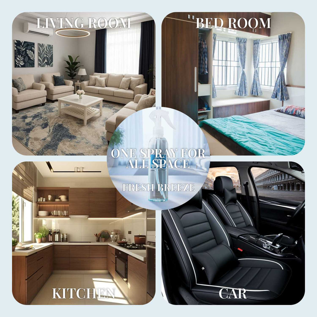 A multi-panel usage graphic showcasing Veena Fresh Breeze air freshener application areas across the living room, bedroom, kitchen, and car.