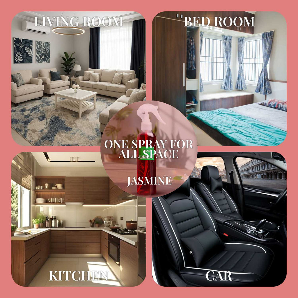 A multi-panel lifestyle graphic showcasing Veena Jasmine air freshener application areas across living rooms, bedrooms, kitchens, and car interiors.