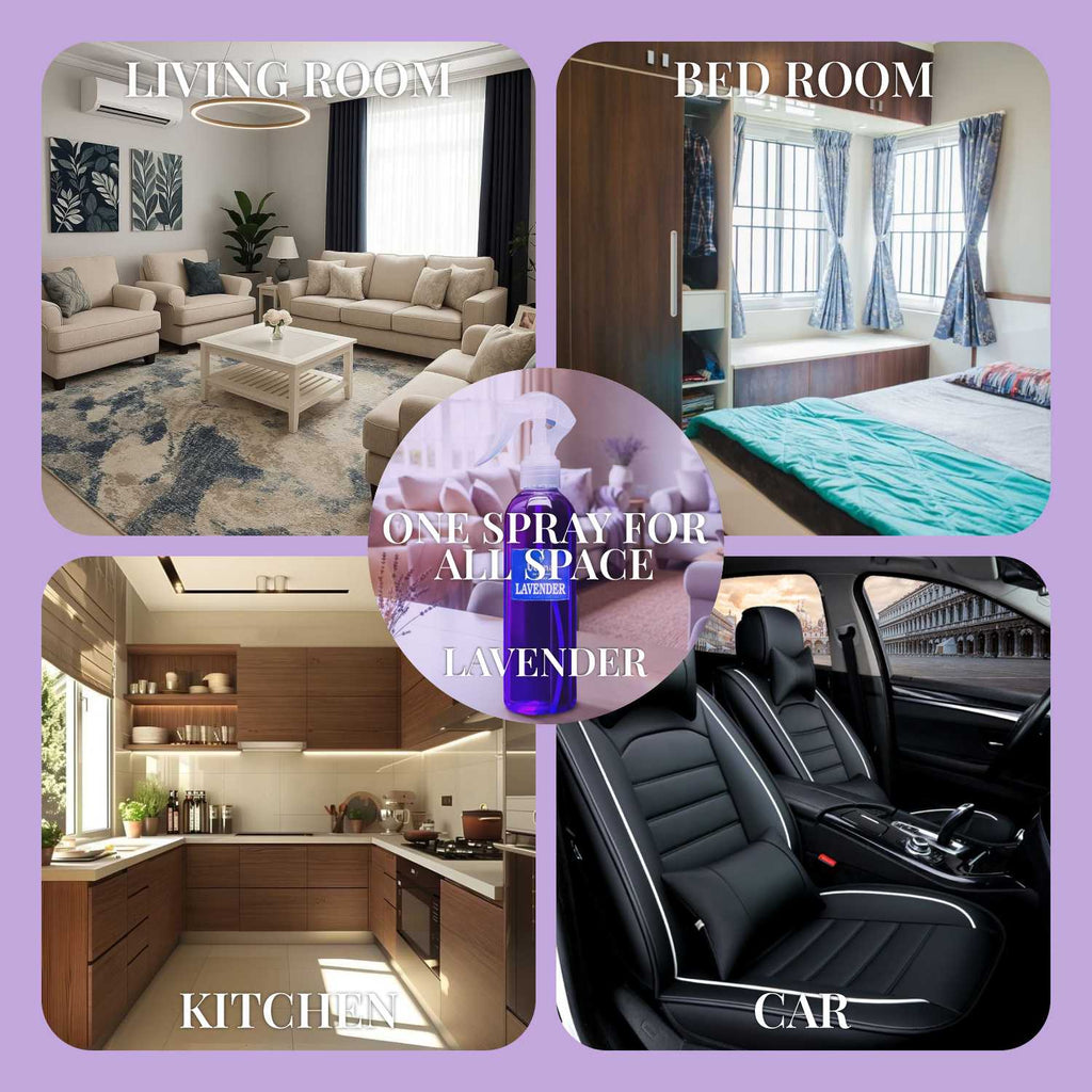 A multi-panel usage graphic showcasing Veena Lavender air freshener application areas across living rooms, bedrooms, kitchens, and car interiors.