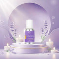 Veena Lavender Fragrance for Candle Making bottle sitting centered on a round purple display pedestal surrounded by white candles and sprigs of lavender.