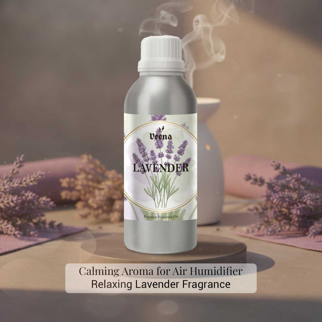 Veena Lavender Premium Fragrance Oil bottle on a display base with an electronic humidifier dispersing a gentle lavender aroma cloud.