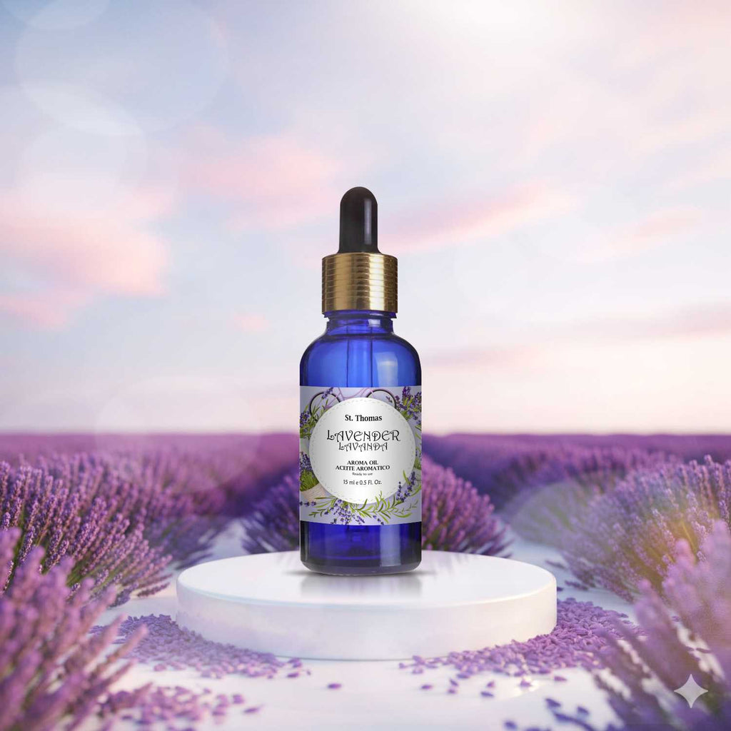 St. Thomas Lavender Lavanda Aroma Oil 15ml bottle showcased on a white circular base within an endless lavender field at sunset.