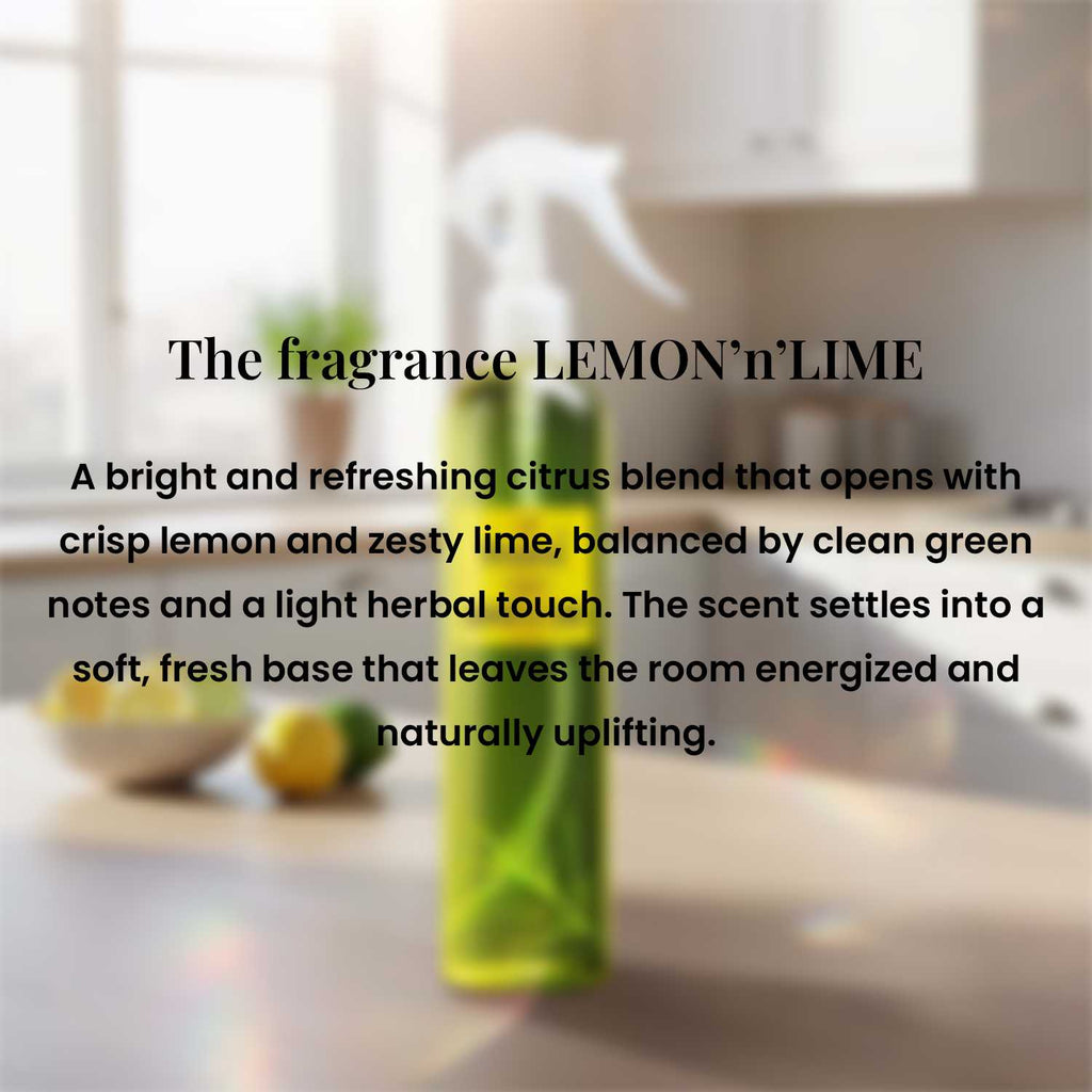 Shopify product infographic highlighting the zesty lemon, lime, green notes, and herbal fragrance profile of Veena Lemon n Lime.