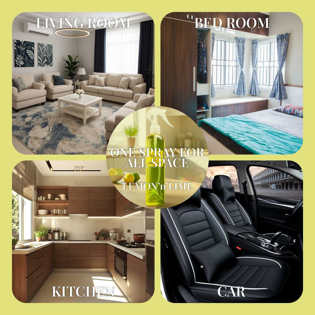 A multi-panel usage graphic showcasing Veena Lemon n Lime air freshener application areas across the living room, bedroom, kitchen, and car.
