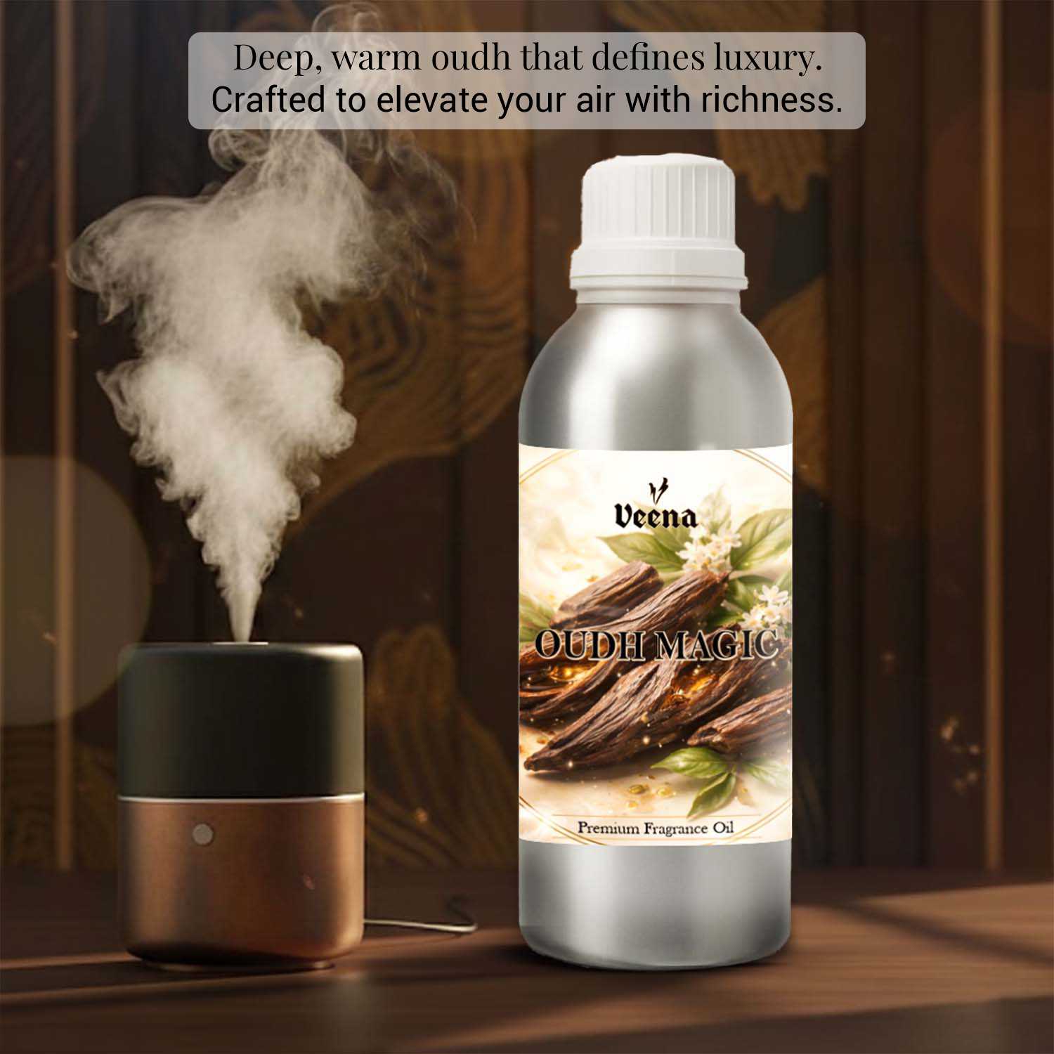 Veena Oudh Magic Premium Fragrance Oil bottle featured next to a metallic copper humidifier emitting a rich, thick aromatic vapor cloud.