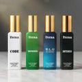 Veena premium fabric perfume bottles combo containing Code, Weekend, B.L.U Marine, and Intenso variants.