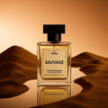 Veena Sauvage luxury fabric perfume bottle placed on premium desert sand backdrop macro shot