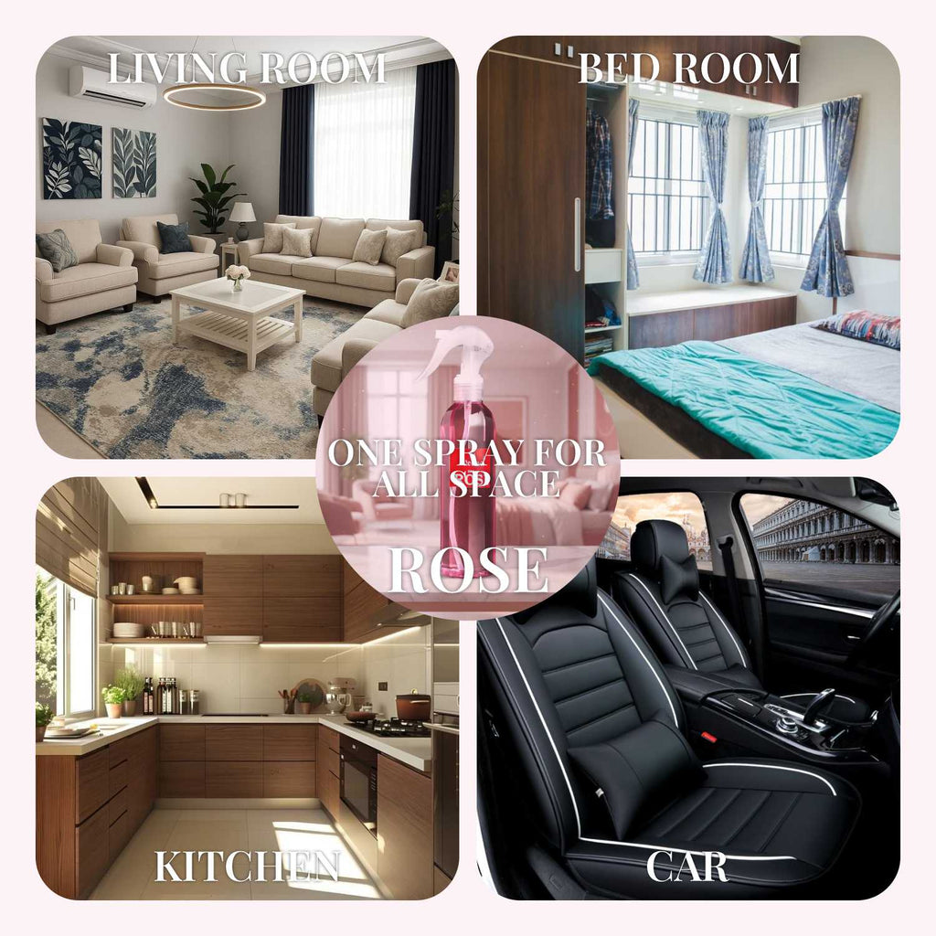 A multi-panel usage banner showcasing Veena Rose air freshener application areas across living rooms, bedrooms, kitchens, and luxury car interiors.
