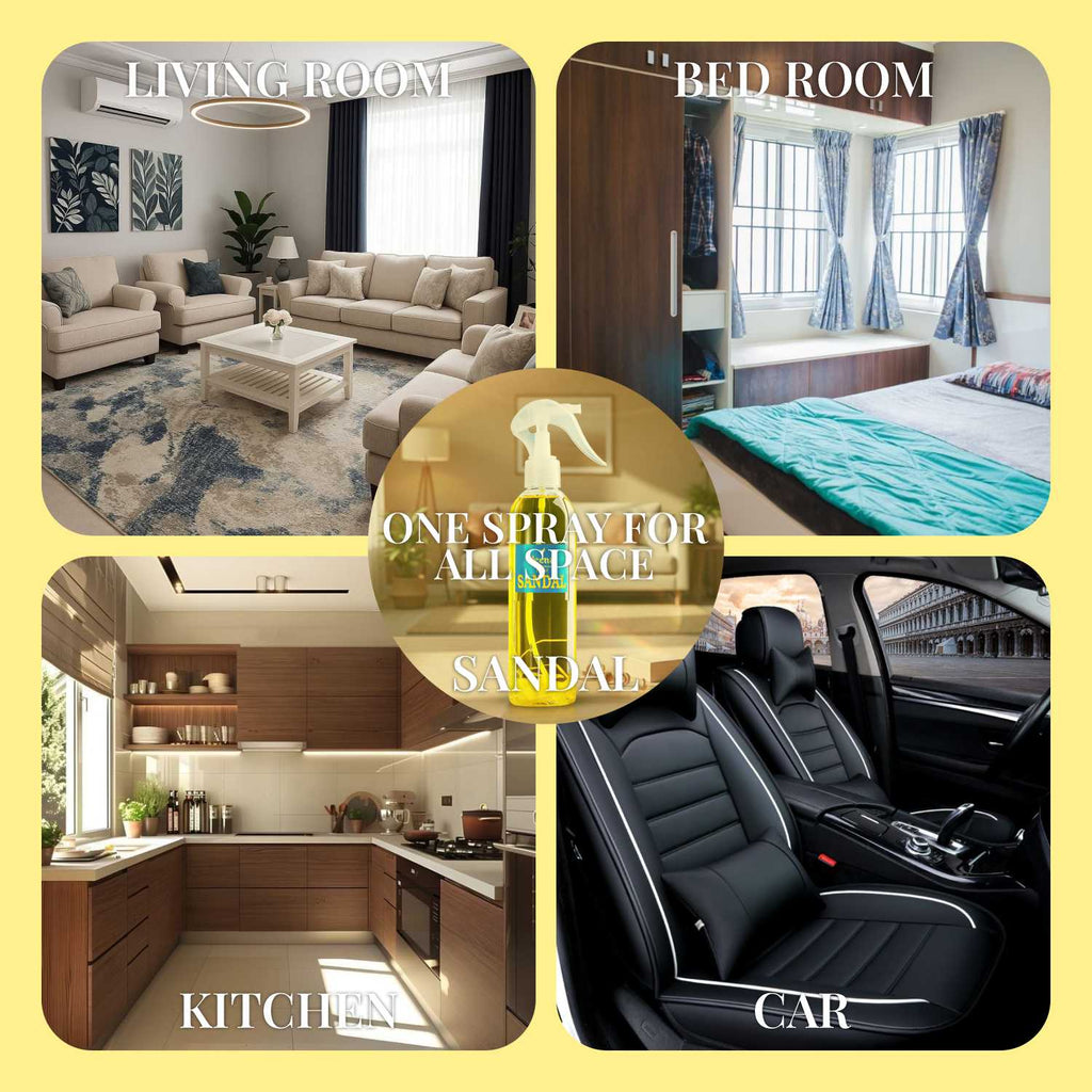 A multi-panel lifestyle graphic showcasing Veena Rajnigandha air freshener application areas across living rooms, bedrooms, kitchens, and car interiors.