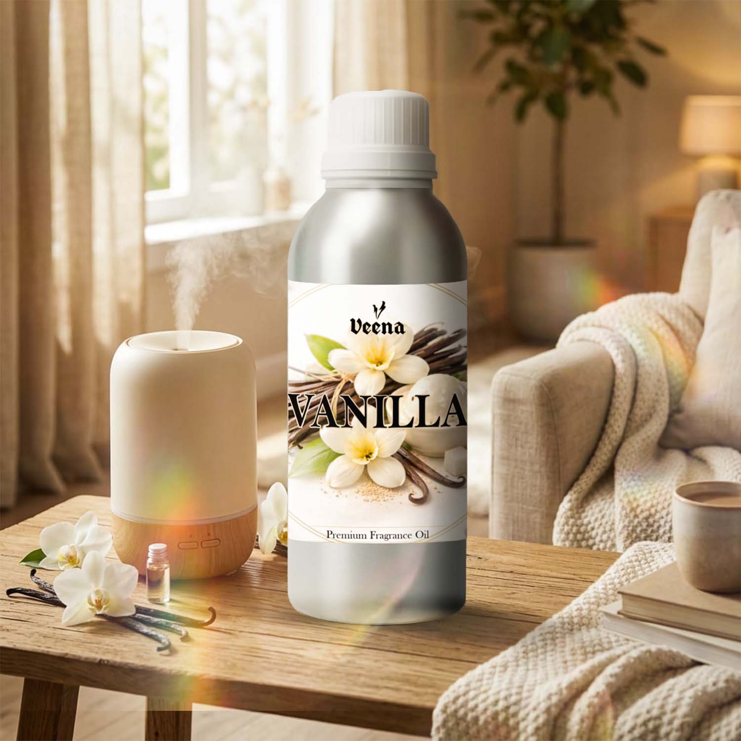 Veena Vanilla Premium Fragrance Oil aluminum bottle on a wooden table next to a working electronic humidifier in a cozy living room.
